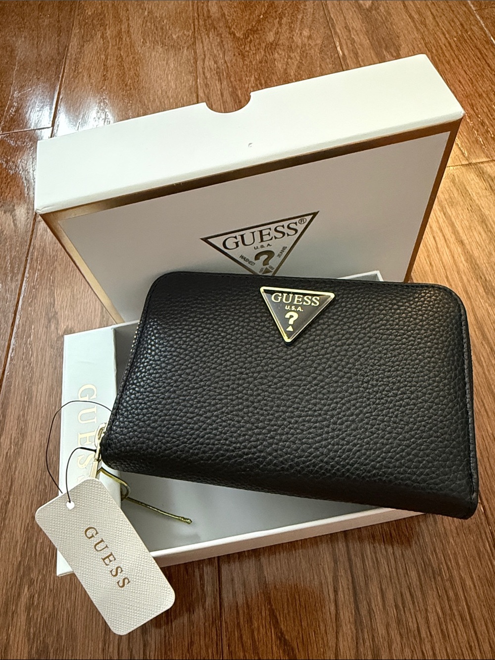 Guess Black Pebbled Zip Wallet with Triangle Logo